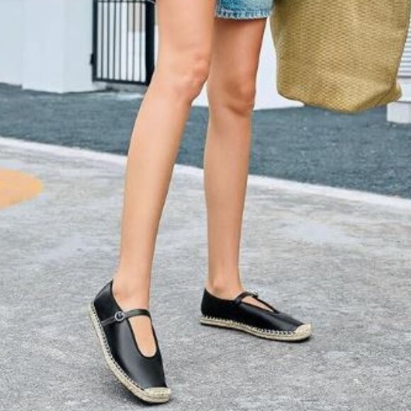 Womens Size 8 Espadrilles Mary Jane Closed Square Toe Mesh Ballet Flats Black - Picture 1 of 11